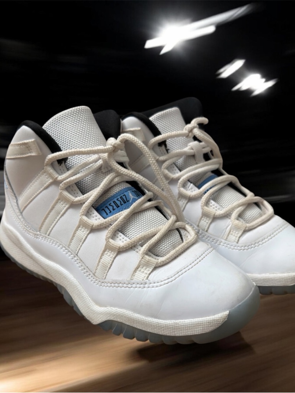 Jordan 11 Retro Kids White Basketball Sneakers with Light Blue Accent